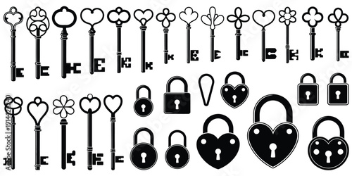 Vintage keys and padlocks vector set with heart-shaped designs and antique decorative bows, ideal for wedding invitations, romantic illustrations, vintage 