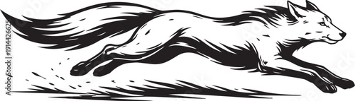 Fox sprinting forward in sleek running pose for speed and wilderness design usage