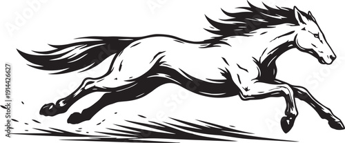 Horse running across ground in dynamic side profile linocut style black and white illustration for logo, mascot or packaging design