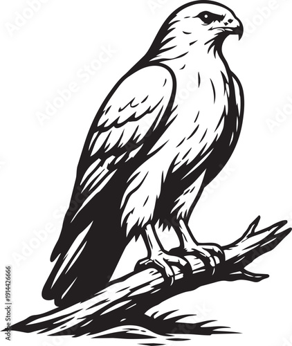 Hawk falcon perched on branch detailed linocut illustration for emblem logo packaging label and branding use