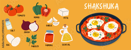 Vector recipe of a traditional Shakshuka recipe. Includes ingredients like eggs, tomatoes, and spices. Ideal for brunch menus, cooking blogs, and cafe decor. 