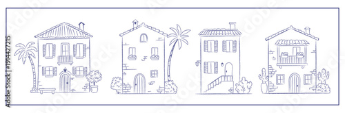 Set of Mediterranean architectural facades in a clean vector style. Inspired by coastal towns of Italy and Spain, ideal for travel postcards, hotel branding, and architectural projects. 