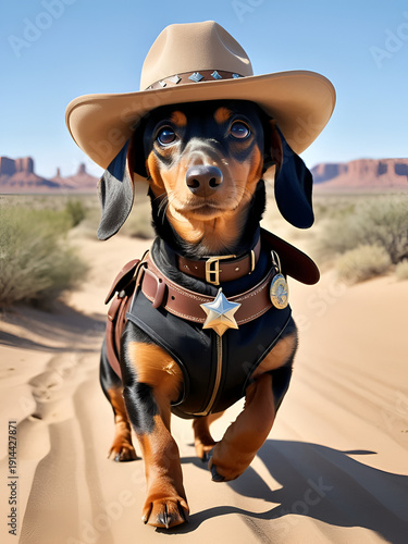 Dachshund dog in cowboy costume, straw hat, sheriff's holster runs through desert, wild west prairie stops, looks into distance Parody of cinematic adventure films with pet Children animation quest