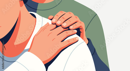 Supportive hands comforting a persons shoulder.