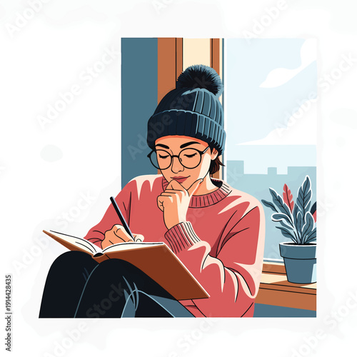 Young woman in glasses and beanie writing in a notebook with a thoughtful expression.