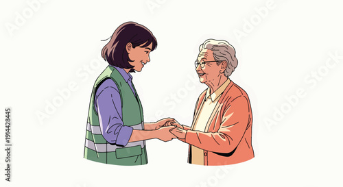 Young volunteer helping an elderly woman holding hands with care.