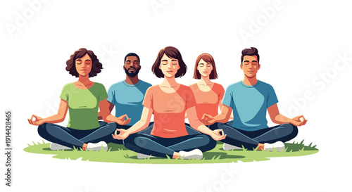 Diverse group of people meditating together in a serene outdoor setting.