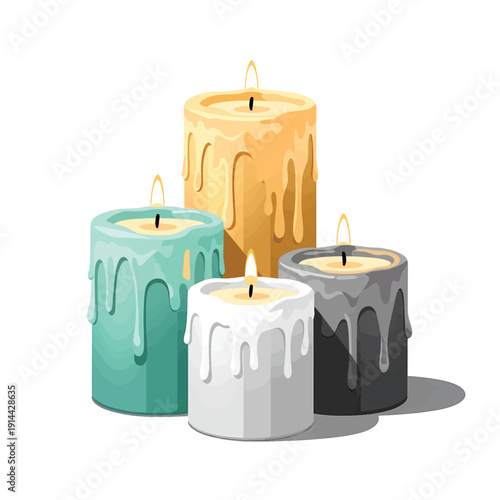 Group of Lit Candles with Dripping Wax in Various Colors.