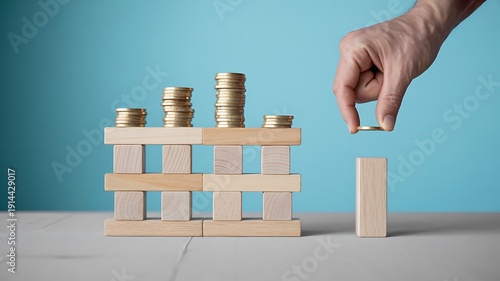 Hand holding coin adding to wooden block structure with stacked gold coins on top  financial growth concept