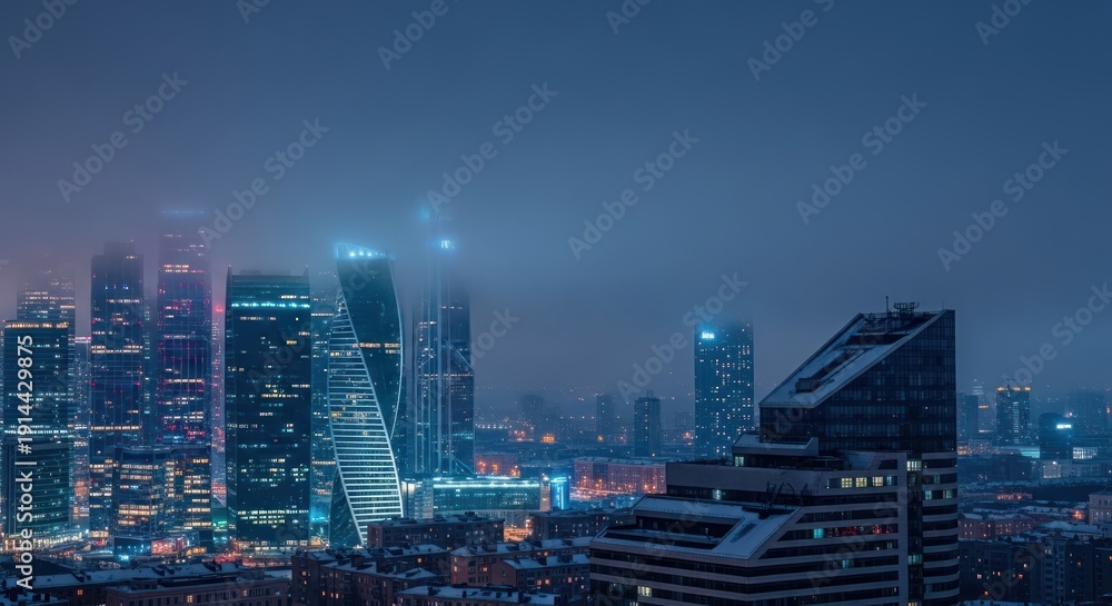 Fototapeta premium modern cityscape at night with skyscrapers and fog
