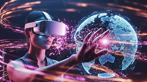 Young woman wearing a sleek virtual reality headset interacts seamlessly with a glowing holographic digital representation of the entire Earth globe.
