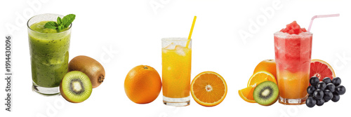 Fotografi Collection of fresh fruit smoothies and juices with kiwi, orange, and mixed berries