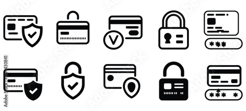 Secure payment icon collection in thin line style, including credit card security, shield, padlock, lock, password, and banking card symbols, perfect for digital banking,
