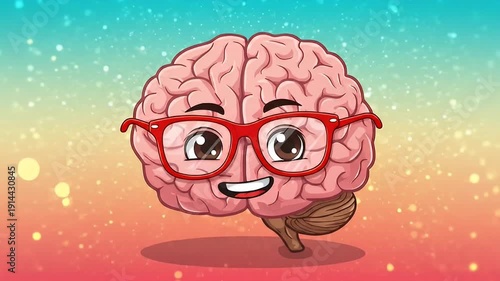 Wallpaper Mural Cartoon brain wearing red glasses, eyes wide, mouth open, against a colorful backdrop Torontodigital.ca