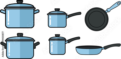 Blue kitchen cookware icons set, flat vector illustrations of metal stock pots with lids, saucepans and frying pans isolated on white background.
