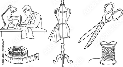 Tailoring and sewing equipment set, black and white sketch illustrations of tailor working on sewing machine, mannequin, scissors and thread spool isolated on white background.