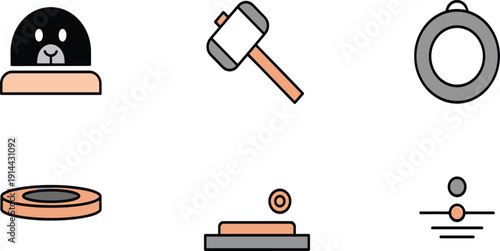 Whack-a-mole arcade game icons set, flat vector illustrations with cute mole, mallet hammer and score rings isolated on white background.