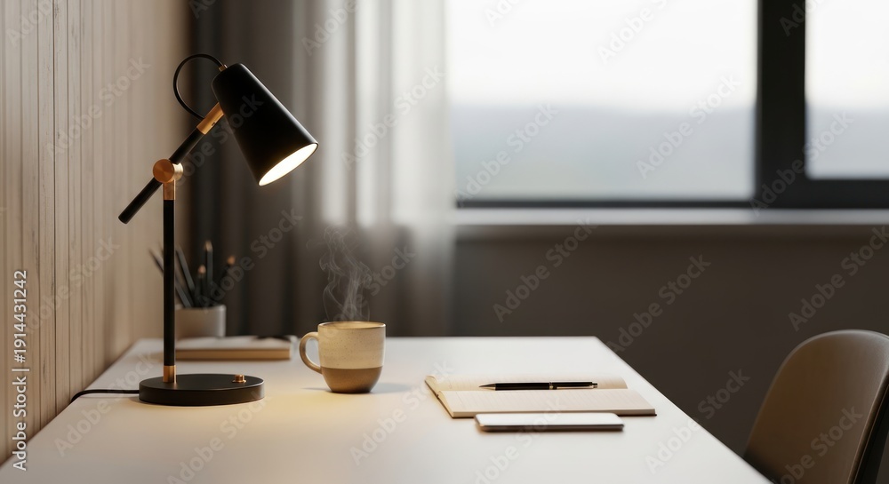 Fototapeta premium Modern office desk with lamp and coffee