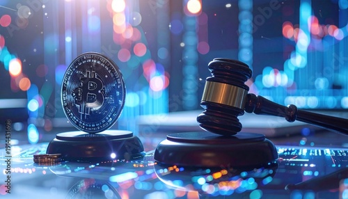 Cryptocurrency Legalities - Gavel and Bitcoin Symbolizing Regulation and Digital Finance.
