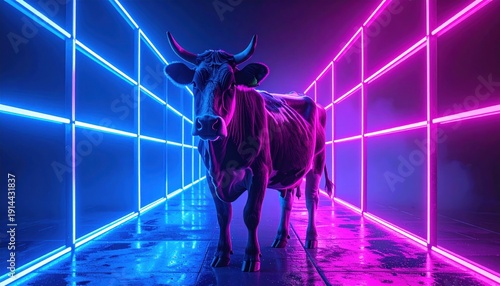 Cow in Neon Tunnel - A Surreal and Vibrant Art Piece.