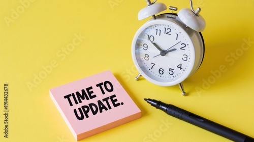 Urgent call for updates with a classic alarm clock and a pink 'Time to Update' sticky note on a bright yellow desk.