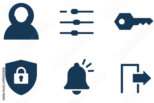 User account icon set featuring profile, settings, and privacy controls, monochromatic flat vector icons ideal for apps, UI dashboards, websites, and digital account management systems.