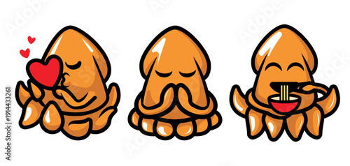Set of cute squid mascot design.