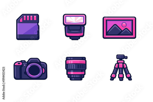 Photography equipment icons including camera lens tripod flash memory card and photo frame in purple and pink style