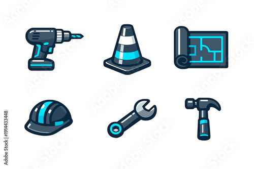 Set of construction tools and equipment icons including power drill traffic cone blueprint hard hat wrench and hammer for building projects