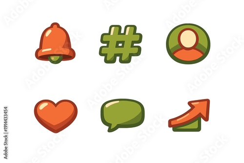 Social media interface icons set including notification bell hashtag user profile heart speech bubble and growth arrow on white background
