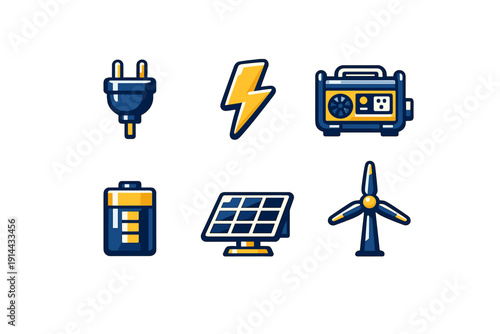 Renewable energy and electricity icons including solar panel wind turbine battery generator plug and lightning bolt on white background