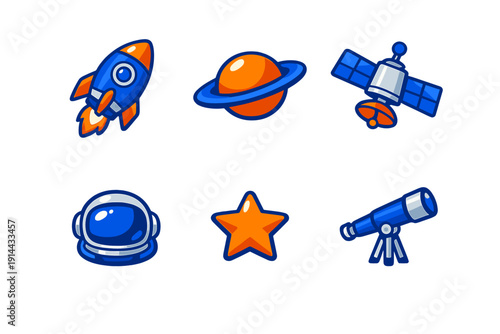 Set of space exploration icons including rocket ship planet satellite astronaut helmet star and telescope on white background