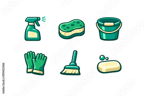 Set of cleaning icons including spray bottle sponge bucket gloves brush and soap bar for household chores and maintenance