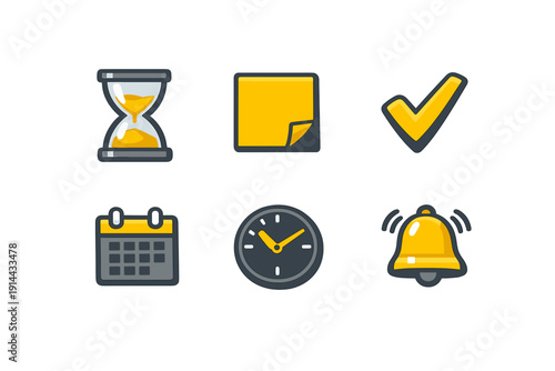Productivity and time management icons set featuring hourglass sticky note checkmark calendar clock and notification bell