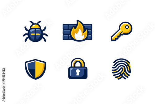 Cybersecurity icon set featuring bug firewall key shield padlock and fingerprint symbols for internet safety and data protection