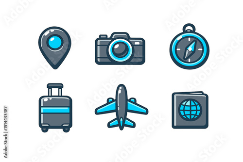 Travel and tourism icon set featuring camera airplane suitcase passport compass and location pin on white background