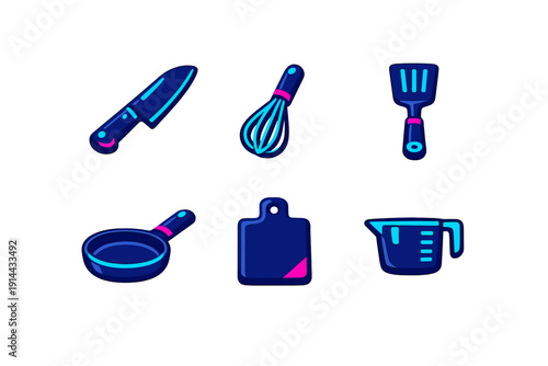 Set of blue and pink kitchen utensil icons including knife whisk spatula frying pan cutting board and measuring cup on white background