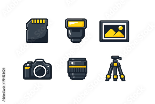 Photography equipment icon set including camera lens tripod flash memory card and picture frame in flat style on white background