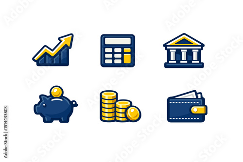 Financial and banking icon set with growth chart, calculator, bank building, piggy bank, gold coins, and wallet on white background
