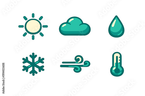 Set of weather icons including sun cloud rain snowflake wind and thermometer for meteorology forecast and climate monitoring applications