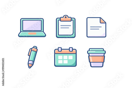 Set of and productivity icons including laptop clipboard document pen calendar and coffee cup in pastel colors