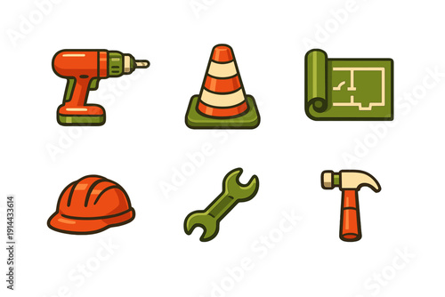 Collection of building and renovation icons featuring a drill safety cone architectural plan helmet spanner and hammer