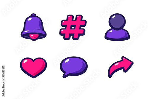 Set of colorful social media icons including notification bell hashtag user profile heart speech bubble and share arrow on white background