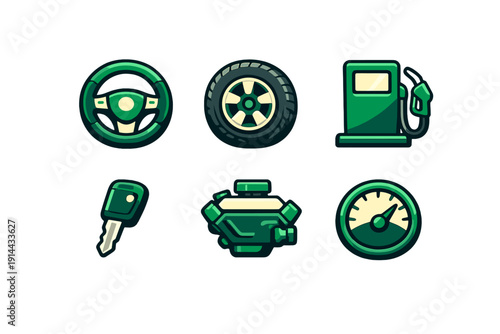 Green automotive icons set featuring steering wheel tire gas pump car key engine and speedometer for vehicle maintenance and transportation