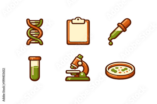 Science laboratory equipment icons including microscope DNA helix petri dish test tube pipette and clipboard on white background