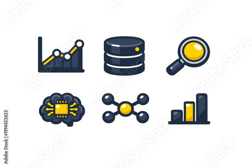 Set of data analysis and artificial intelligence icons including bar charts line graphs database and magnifying glass symbols