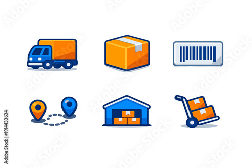 Logistics and shipping icon set with delivery truck, cardboard box, barcode, tracking route, warehouse, and hand truck with packages