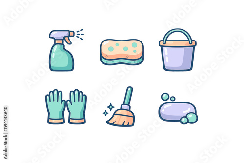 Set of cleaning supplies icons including spray bottle sponge bucket rubber gloves broom and soap bar in cute pastel style