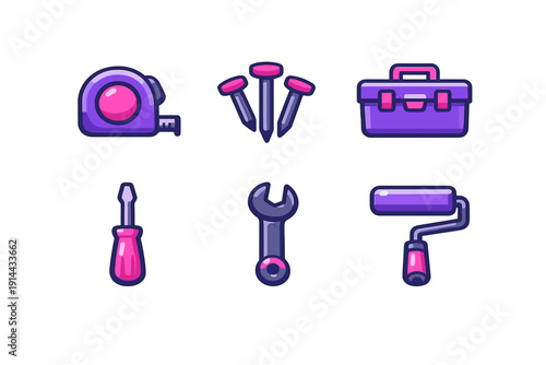 Set of purple and pink construction and home improvement tool icons including tape measure nails toolbox screwdriver wrench and paint roller