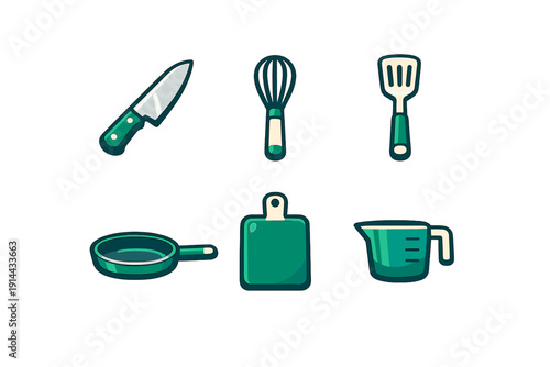 Set of green kitchen utensils including a knife whisk spatula frying pan cutting board and measuring cup for cooking and food preparation